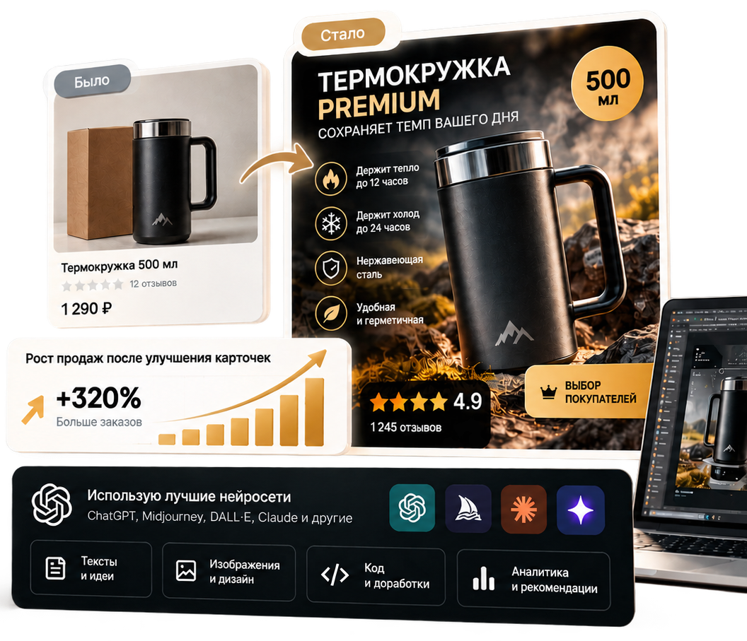 Пример улучшенной карточки товара: термокружка, инфографика и визуальная подача для маркетплейса